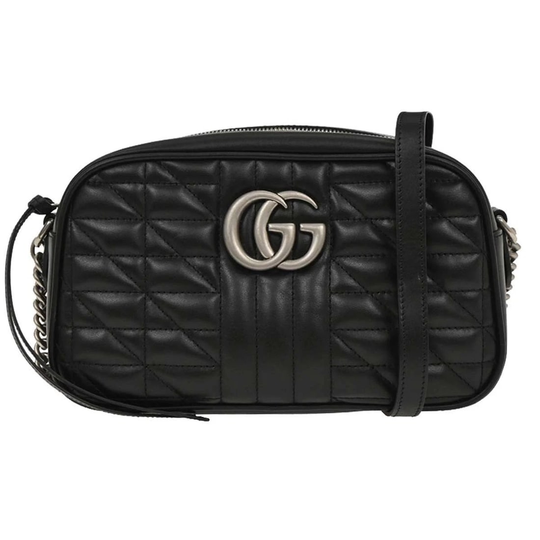GUCCI BLACK GG MARMONT SMALL CAMERA BAG: Gucci Black GG Marmont Small Camera Bag Brand: Gucci Type/Style: Crossbody Material: Leather Color: Black Size: W 9.4 x H 5.9 x D 3.1 " Strap Drop. 22.0 - 23.6 " Accessories: None Accessor