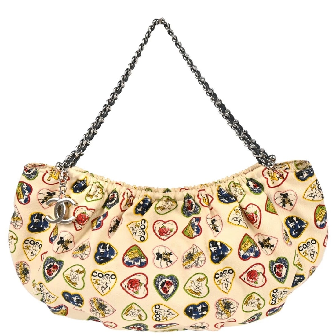 CHANEL WHITE CANVAS VALENTINE CHAIN HANDBAG: Chanel White Canvas Valentine Chain Handbag Brand: CHANEL Type/Style: Top Handle Bag Material: Canvas, Leather Color: White, etc. Size: W 10.6 x H 5.9 x D 3.9 " Handle Drop. 5.9 " Accessories: No