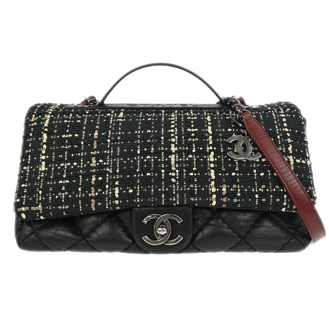 CHANEL BLACK TWEED CALFSKIN AIRLINES TOP HANDLE FLAP BAG: Chanel Black Tweed Calfskin Airlines Top Handle Flap Bag Brand: CHANEL Type/Style: Top Handle Bag Material: Tweed, Calfskin Color: Black, etc. Size: W 11.4 x H 7.5 x D 3.5 " Handle Drop. 1.6 " Str