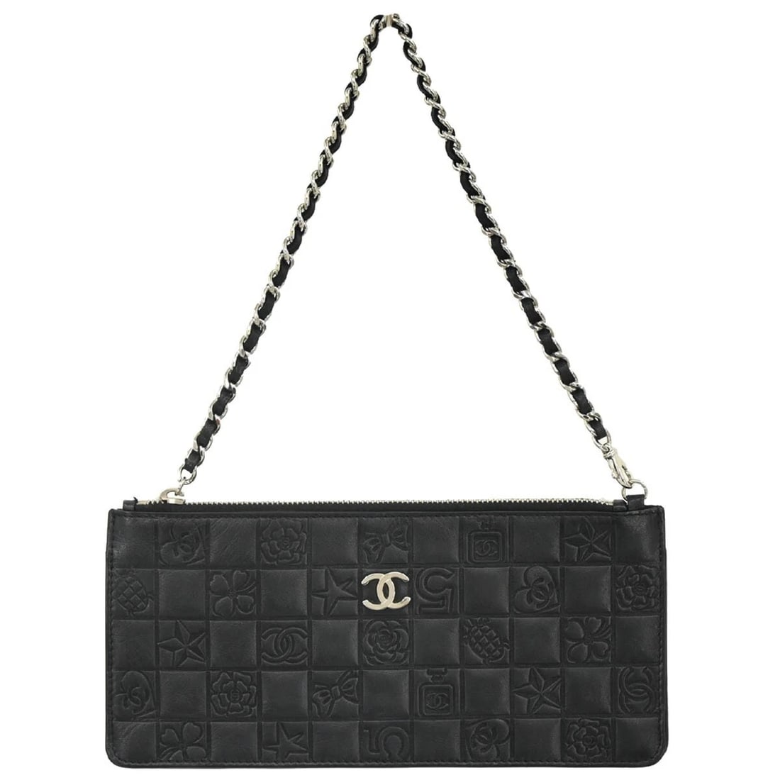 CHANEL BLACK LAMBSKIN ICON CHAIN HANDBAG: Chanel Black Lambskin Icon Chain Handbag Brand: CHANEL Type/Style: Hand Bag Material: Lambskin Leather Color: Black Size: W 8.7 x H 3.9 x D 1.0 " Handle Drop. 6.7 " Accessories: None