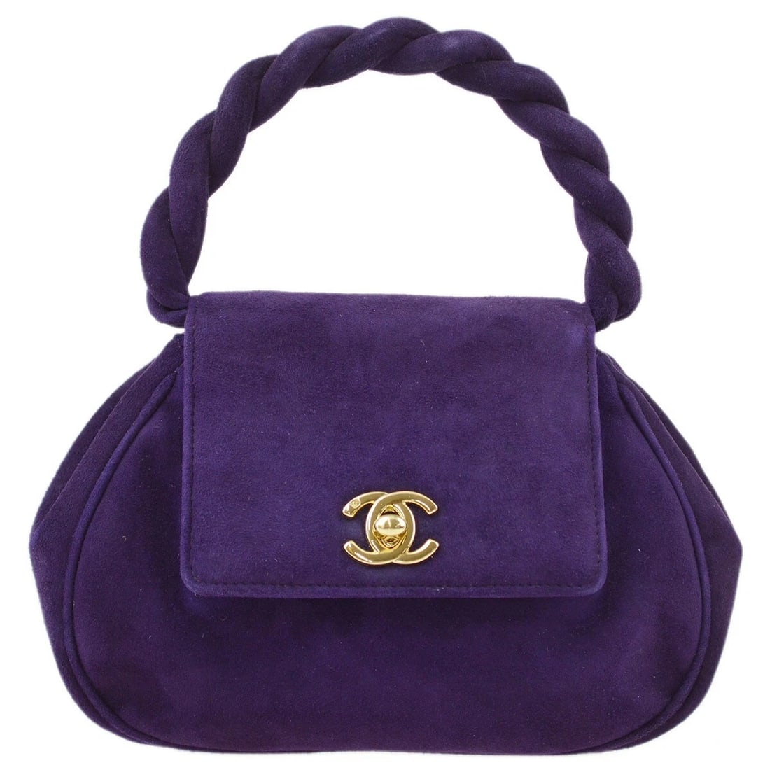 CHANEL PURPLE SUEDE HANDBAG: Chanel Purple Suede Handbag Brand: CHANEL Type/Style: Top Handle Bag Material: Nubuck suede Color: Purple Size: W 7.1 x H 5.1 x D 2.4 " Handle Drop. 2.4 " Accessories: None Accessories