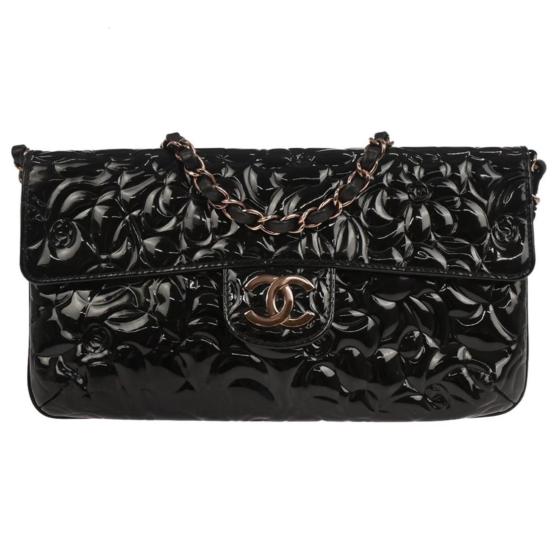 CHANEL BLACK PATENT LEATHER SHOULDER BAG: Chanel Black Patent Leather Shoulder Bag Brand: CHANEL Type/Style: Shoulder Bag Material: Patent Leather Color: Black Size: W 9.8 x H 5.5 x D 0.4 " Strap Drop. 11.0 " Accessories: None Acc