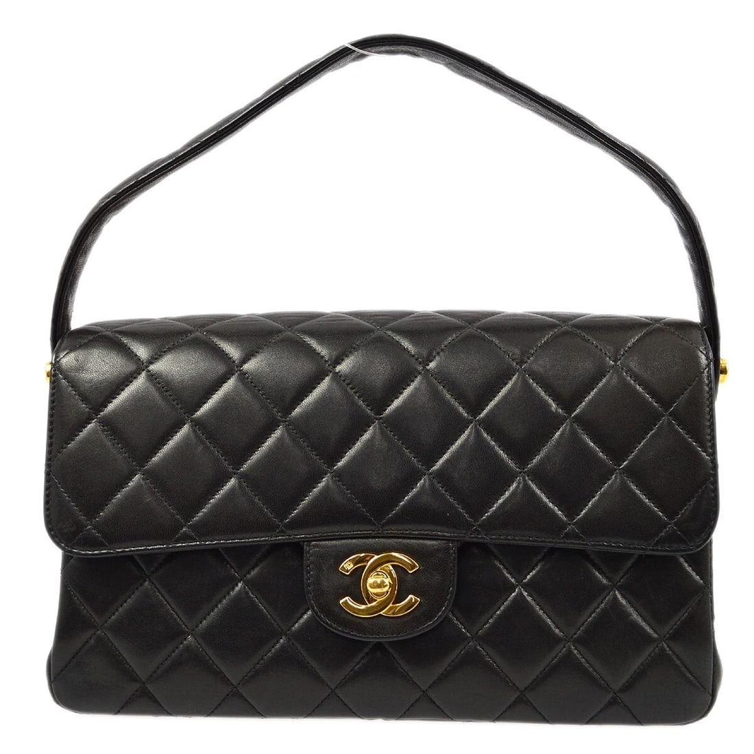 CHANEL BLACK LAMBSKIN DOUBLE SIDED CLASSIC FLAP HANDBAG: Chanel Black Lambskin Double Sided Classic Flap Handbag Brand: CHANEL Type/Style: Handbag Material: Lambskin Leather Color: Black Size: W 9.8 x H 6.3 x D 2.8 " Handle Drop. 4.3 " Accessories: