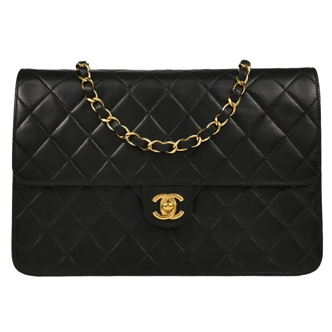 CHANEL BLACK LAMBSKIN TURNLOCK HALF FLAP SHOULDER BAG: Chanel Black Lambskin Turnlock Half Flap Shoulder Bag Brand: CHANEL Type/Style: Shoulder Bag Material: Lambskin Leather Color: Black Size: W 9.8 x H 6.7 x D 2.8 " Strap Drop. 15.7 " Accessories: