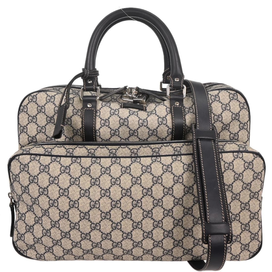 GUCCI BLACK GG SUPREME 2WAY BUSINESS BAG: Gucci Black GG Supreme 2way Business Bag Brand: Gucci Type/Style: Top Handle Bag Material: GG Supreme Canvas, Leather Color: Black, Beige Size: W 15.4 x H 10.6 x D 5.9 " Handle Drop. 4.7 " Strap D