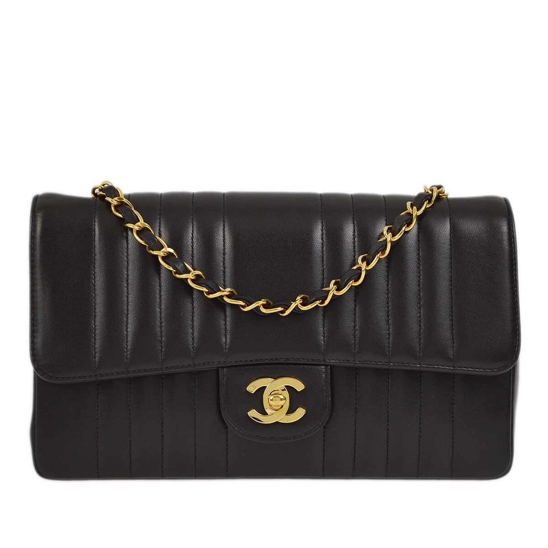 CHANEL BLACK LAMBSKIN MADEMOISELLE SINGLE FLAP SHOULDER BAG: Chanel Black Lambskin Mademoiselle Single Flap Shoulder Bag Brand: CHANEL Type/Style: Shoulder Bag Material: Lambskin Leather Color: Black Size: W 9.8 x H 5.5 x D 2.8 " Strap Drop. 20.5 " Accesso