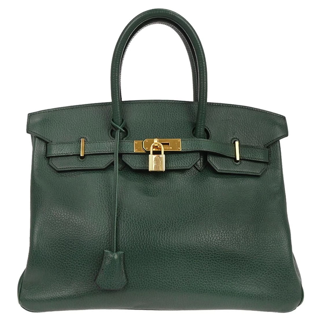 HERMES VERT FONCE ARDENNES BIRKIN 35 HANDBAG: Hermes Vert Fonce Ardennes Birkin 35 Handbag Brand: Hermes Type/Style: Satchel/Top Handle Bag Material: Ardennes leather Color: Vert Fonce Size: W 13.8 x H 10.6 x D 7.1 " Handle Drop. 3.9 " Acces