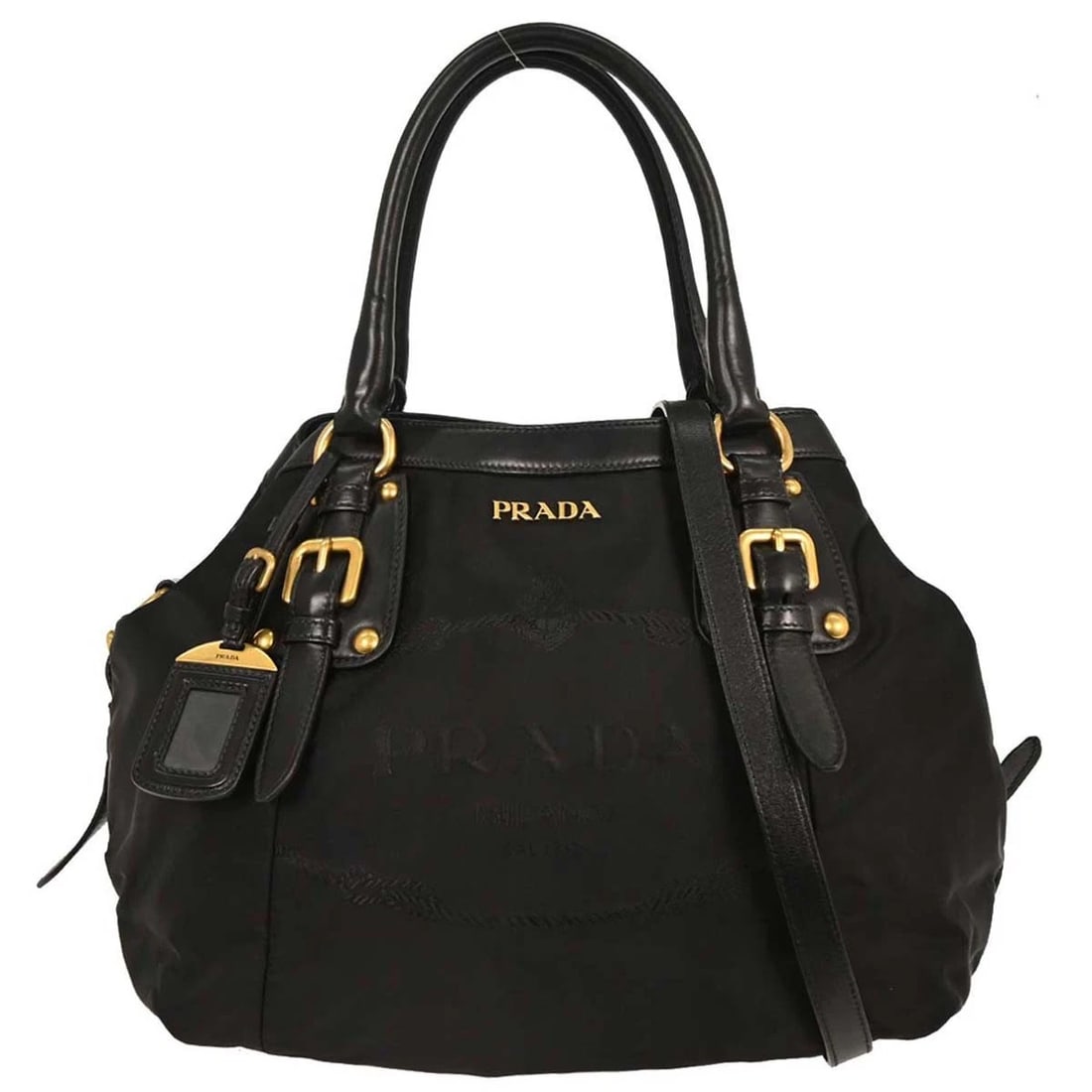 PRADA BLACK NYLON 2WAY TOTE BAG: Prada Black Nylon 2way Tote Bag Brand: PRADA Type/Style: Tote Material: Nylon, Leather Color: Black Size: W 13.8 x H 10.2 x D 5.9 " Handle Drop. 5.9 " Strap Drop. 15.7 - 17.7 " Accessories: None