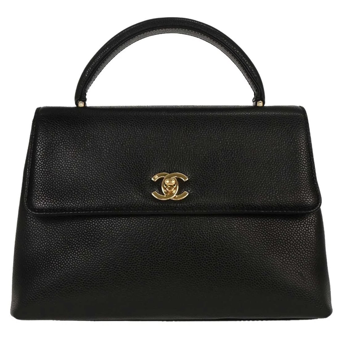 CHANEL BLACK CALFSKIN TOP HANDLE HANDBAG: Chanel Black Calfskin Top Handle Handbag Brand: CHANEL Type/Style: Hand Bag Material: Caviar skin leather Color: Black Size: W 10.2 x H 7.5 x D 3.5 " Handle Drop. 2.8 " Accessories: None A