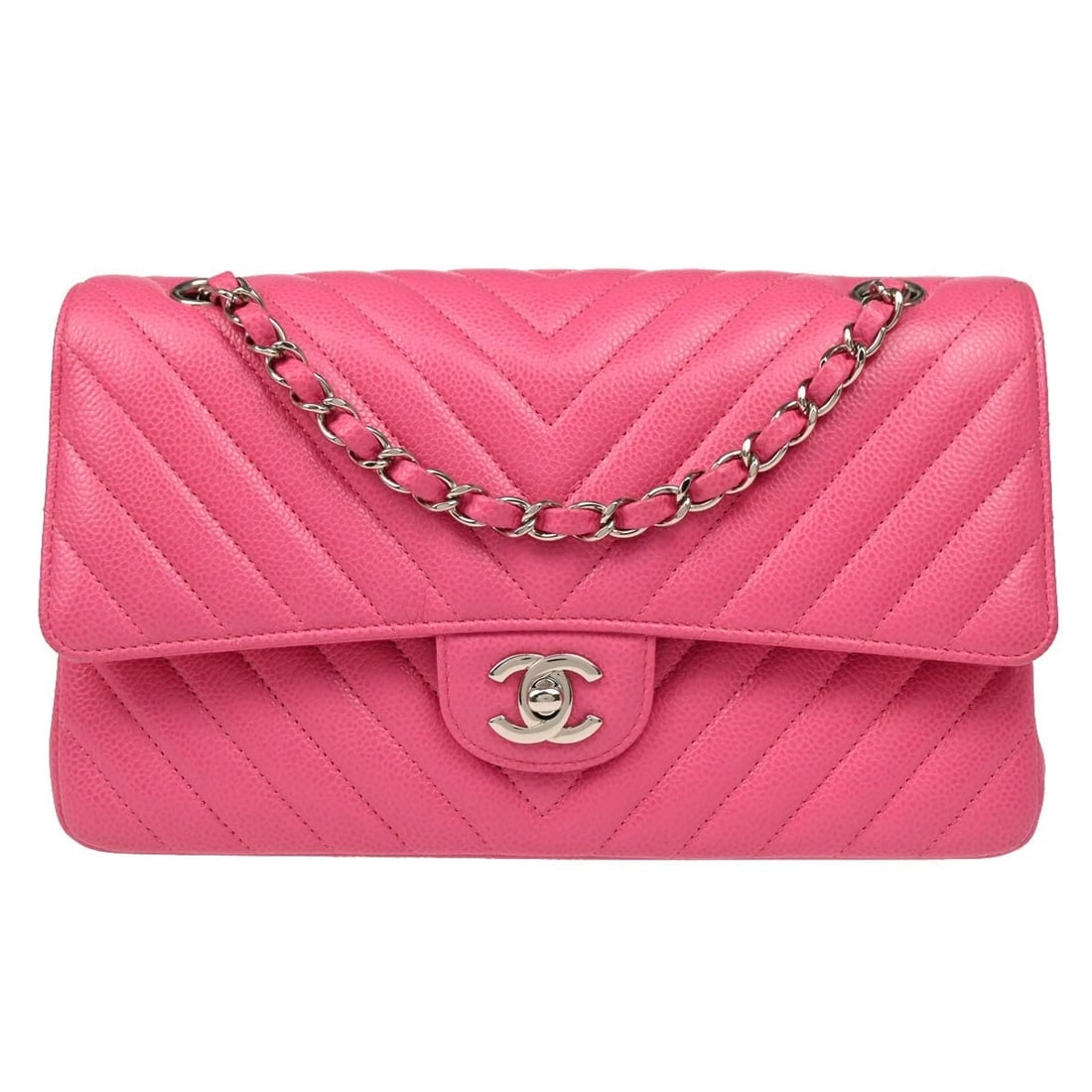 CHANEL PINK CALFSKIN CHEVRON MEDIUM CLASSIC DOUBLE FLAP SHOULDER BAG: Chanel Pink Calfskin Chevron Medium Classic Double Flap Shoulder Bag Brand: CHANEL Type/Style: Shoulder Bag Material: Caviar skin Leather Color: Pink Size: W 9.8 x H 5.9 x D 2.8 " Strap Drop.(Sing