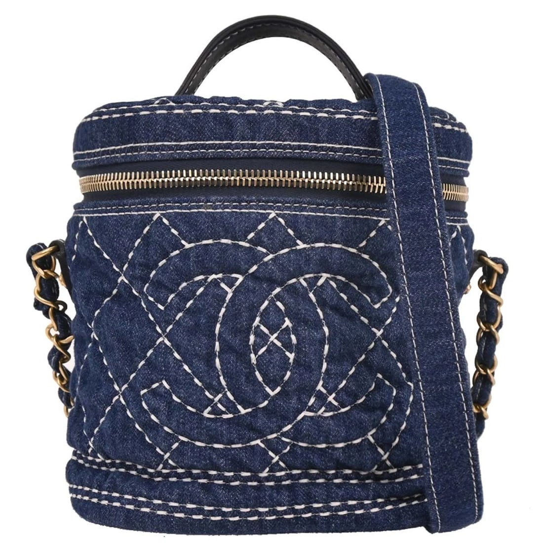 CHANEL BLUE DENIM VANITY 2WAY HANDBAG: Chanel Blue Denim Vanity 2way Handbag Brand: CHANEL Type/Style: CHANEL Vanity Material: Denim Color: Blue Size: W 6.7 x H 6.3 x D 5.1 " Handle Drop. 1.6 " Strap Drop. 19.3 " Accessories: None