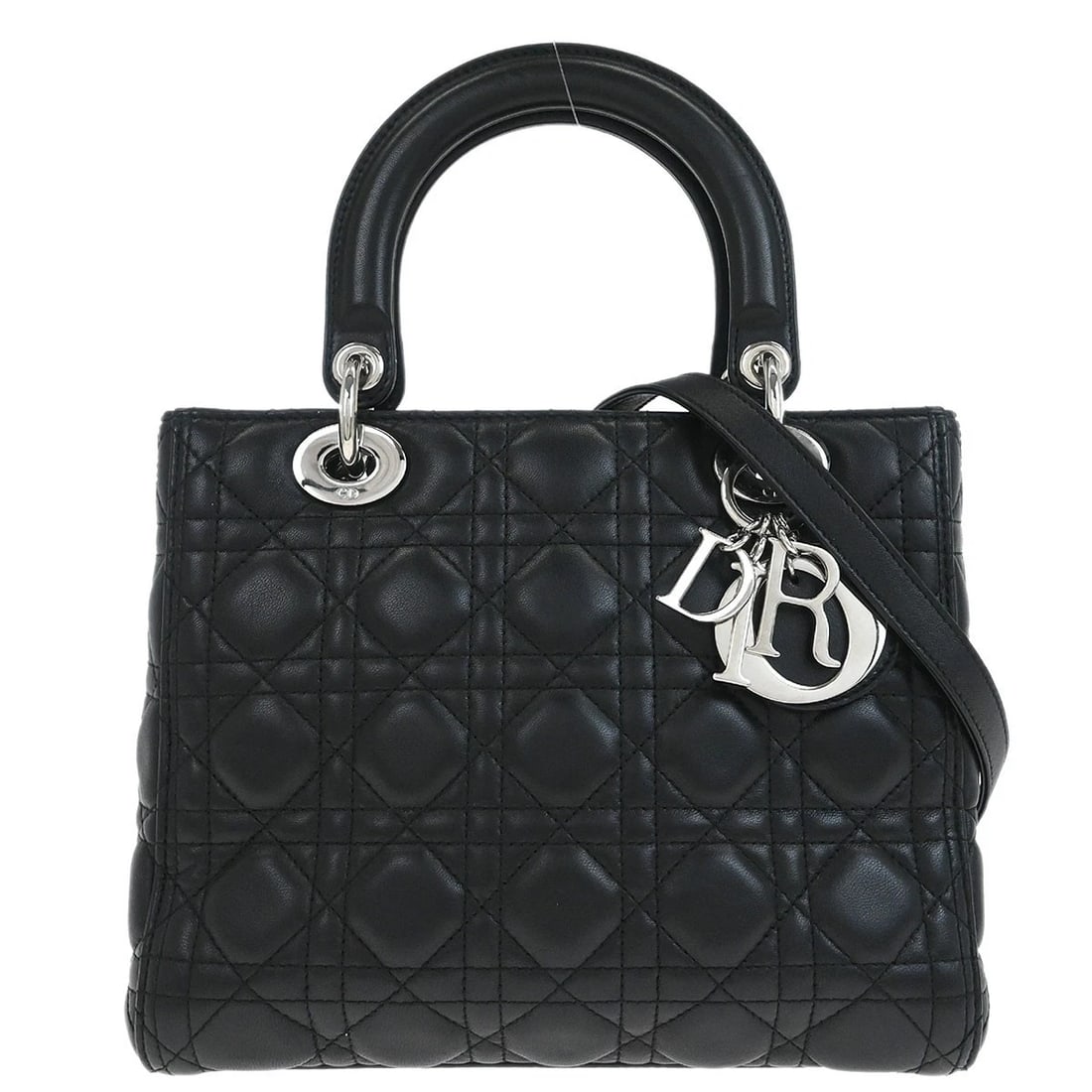 CHRISTIAN DIOR BLACK LAMBSKIN LADY DIOR CANNAGE 2WAY HANDBAG: Christian Dior Black Lambskin Lady Dior Cannage 2way Handbag Brand: Dior Type/Style: Satchel/Top Handle Bag Material: Lambskin Color: Black Size: W 9.8 x H 8.7 x D 4.7 " Handle Drop. 3.5 " Strap D