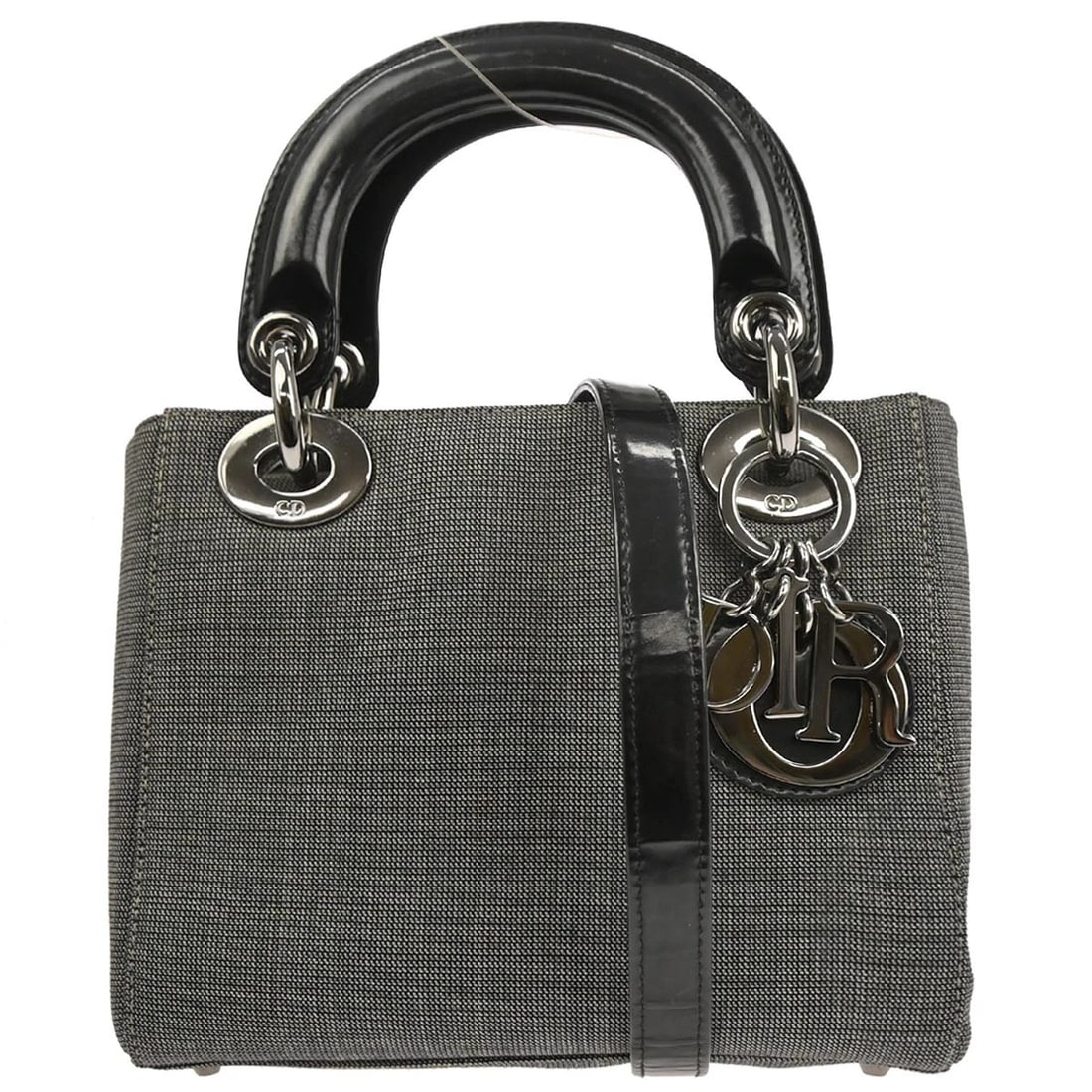 CHRISTIAN DIOR GRAY CANVAS LADY DIOR 2WAY HANDBAG: Christian Dior Gray Canvas Lady Dior 2way Handbag Brand: Dior Type/Style: Satchel/Top Handle Bag Material: Canvas, Patent Leather Color: Gray Size: W 6.3 x H 5.5 x D 2.8 " Handle Drop. 2.8 " Strap
