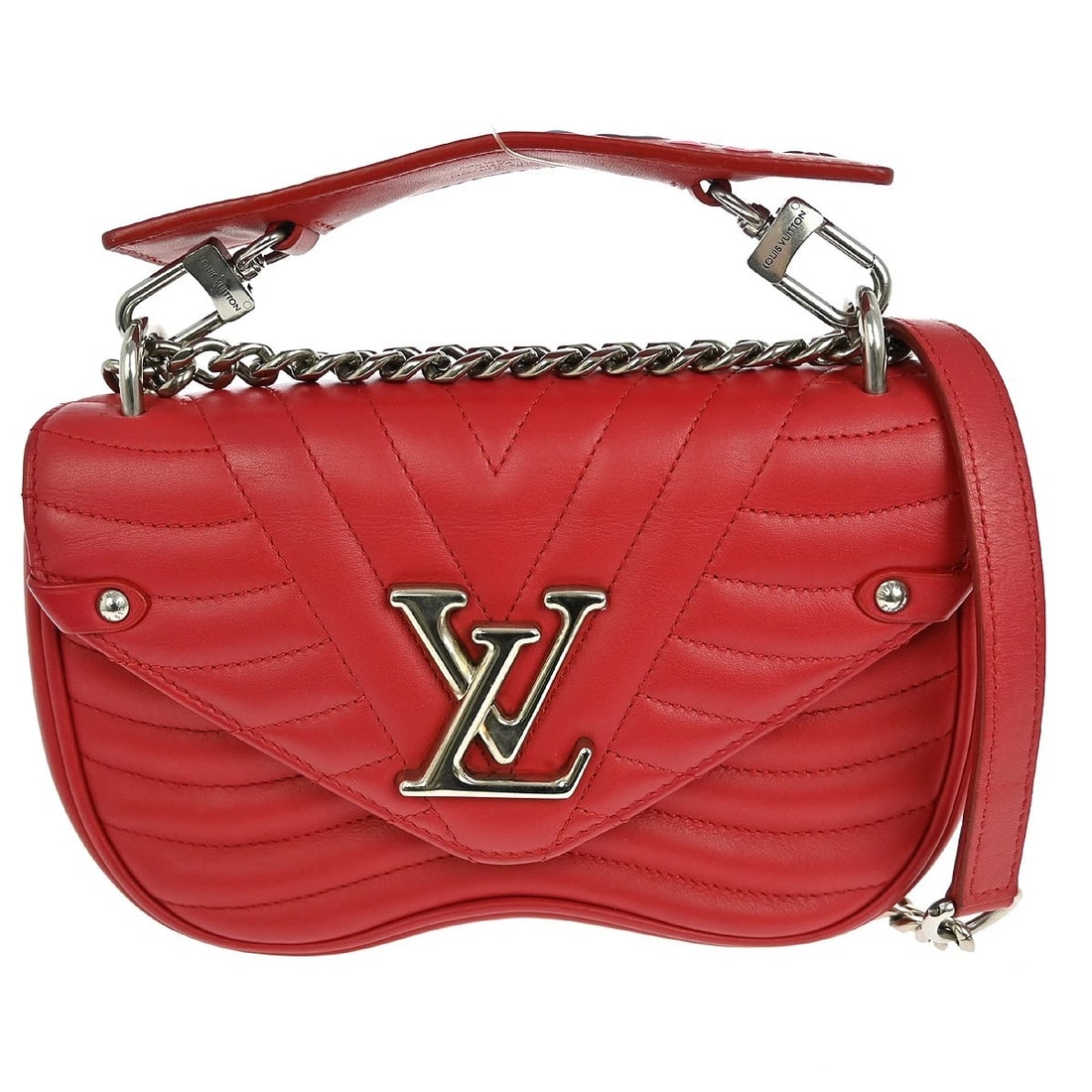 LOUIS VUITTON RED NEW WAVE MM SHOULDER BAG: Louis Vuitton Red New Wave MM Shoulder Bag Brand: Louis Vuitton Type/Style: Shoulder Bag Material: Leather Color: Red Size: W 9.8 x H 5.9 x D 3.1 " Handle Drop. 2.4 " Strap Drop. 20.5 " Accessori