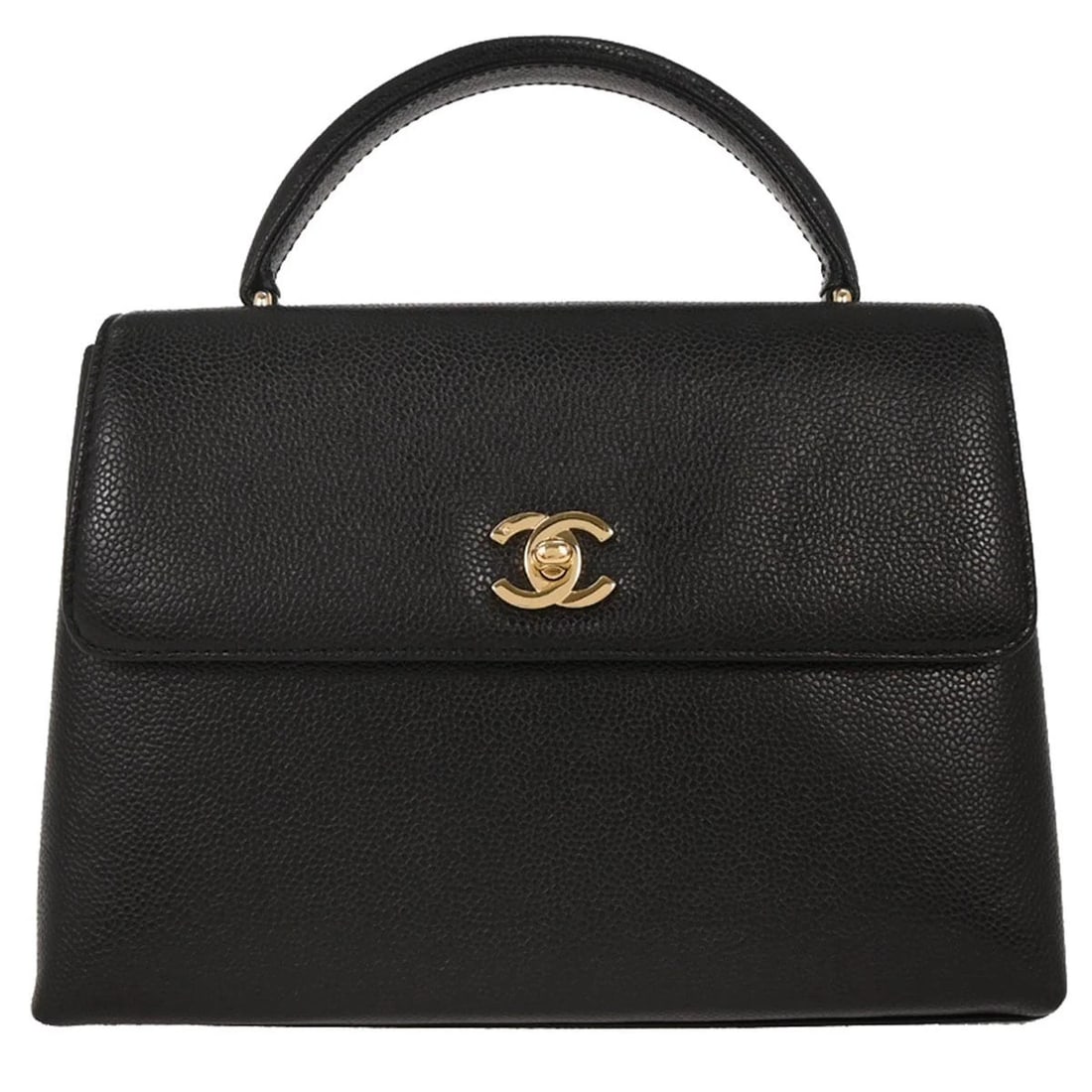 CHANEL BLACK CALFSKIN TOP HANDLE HANDBAG: Chanel Black Calfskin Top Handle Handbag Brand: CHANEL Type/Style: Hand Bag Material: Caviar skin leather Color: Black Size: W 10.2 x H 7.5 x D 3.5 " Handle Drop. 2.8 " Accessories: None A