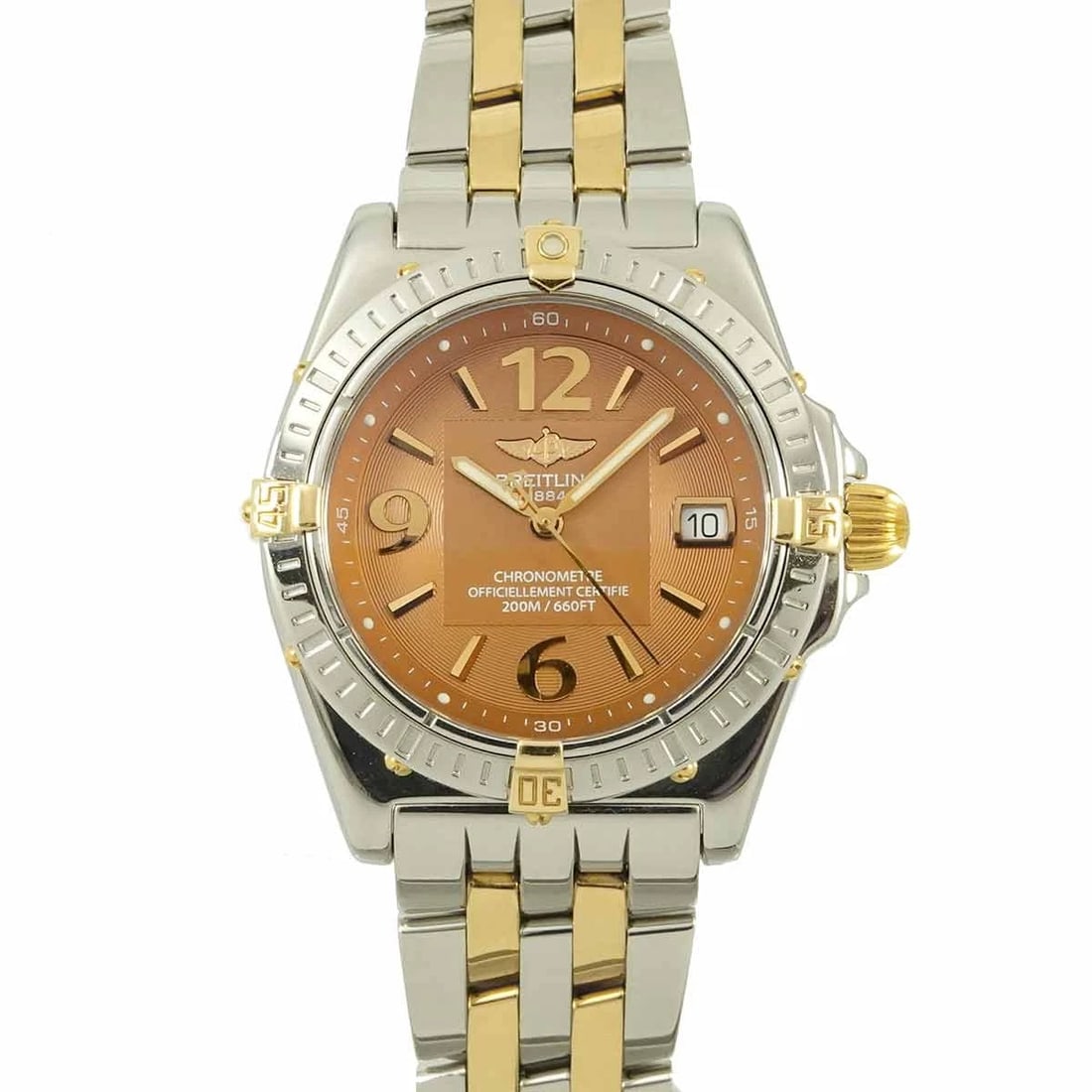 BREITLING CALISTO YELLOW GOLD BROWN DIAL WATCH WRIST WATCH: BREITLING Calisto Yellow Gold Brown Dial Watch Wrist Watch Brand: BREITLING Type: Wristwatch Material: Stainless steel,Yellow Gold Color: Brown Dial Size: Case Size Length 40mm(included lag)