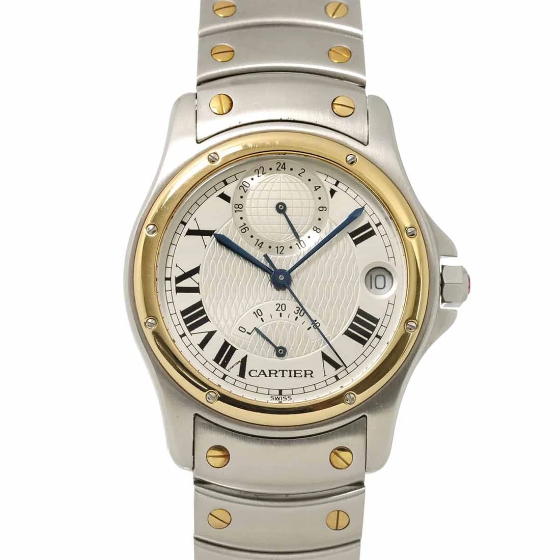 CARTIER SANTOS ROUND GMT YG AUTOMATIC SILVER DIAL DIAL WRIST WATCH (1 of 3)
