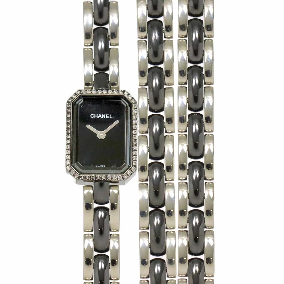 CHANEL PREMIERE DIAMOND BEZEL CERAMIC QUARTZ BLACK DIAL WRIST WATCH: CHANEL Premiere Diamond Bezel Ceramic Quartz Black Dial Wrist Watch Brand: CHANEL Type: Wristwatch Material: Stainless steel,Ceramic,Diamond Color: Black Dial Size: Case Size Length 20mm Width 15m
