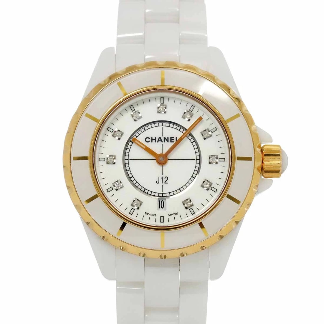 CHANEL J12 DIAMOND YELLOW GOLD QUARTZ WHITE DIAL WRIST WATCH: CHANEL J12 Diamond Yellow Gold Quartz White Dial Wrist Watch Brand: CHANEL Type: Wristwatch Material: Ceramic,Stainless steel,Yellow Gold Color: White Dial Size: Case Size Length 40mm(included lag
