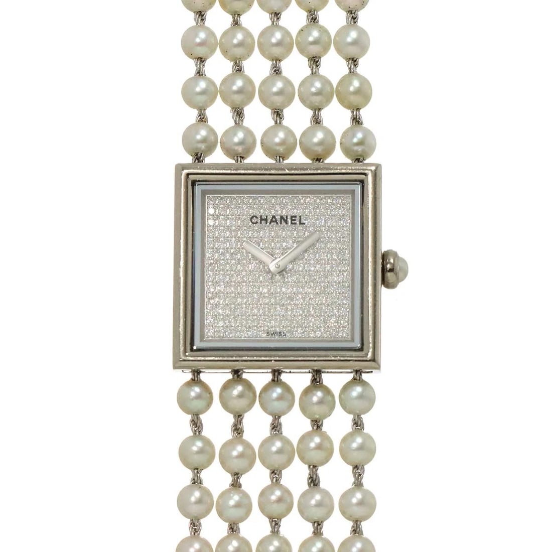 CHANEL MADEMOISELLE 750 WHITE GOLD DIAMOND LEDIES WATCH WRIST WATCH: CHANEL Mademoiselle 750 White Gold Diamond Ledies Watch Wrist Watch Brand: CHANEL Type: Wristwatch Material: 750 White Gold,pearl Color: White Dial Size: Case Size Length 23mm Width 23mm (not incl