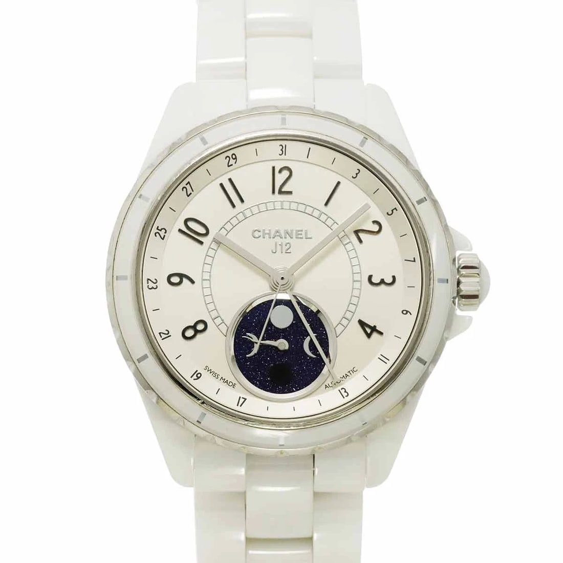 CHANEL J12 PHASE DE LUNE MOON PHASE WHITE CERAMIC WRIST WATCH: CHANEL J12 Phase De Lune Moon Phase White Ceramic Wrist Watch Brand: CHANEL Type: Wristwatch Material: Ceramic,Stainless steel Color: White Ceramic Size: Case Size Length 45mm(included lag) Width
