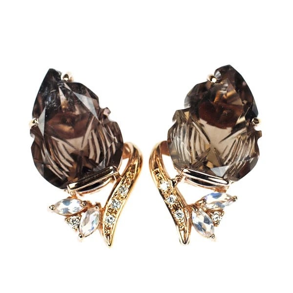K18PG SMOKY QUARTZ MOONSTONE DIAMOND EARRINGS: K18PG Smoky Quartz Moonstone Diamond Earrings Brand: None Type/Style: piercing Material: Metal Purity K18, Metal Gold, Main Stone/Creation quartz Color: None Size: Length/Width/Diameter21.8 