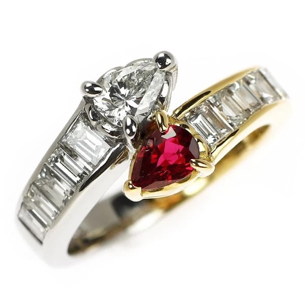 PT900/ K18YG PEAR SHAPE RUBY DIAMOND RING: Pt900/ K18YG Pear Shape Ruby Diamond Ring Brand: None Type/Style: Ring Material: Metal Purity K18, Metal Gold, Main Stone/Creation Ruby Color: Platinum Yellow Gold Size: 5.5 - 5.75 US 
