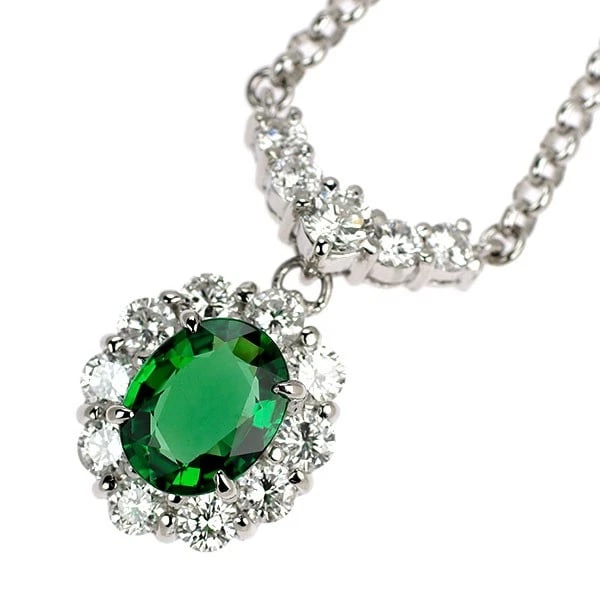 PT900/ PT850 GREEN GARNET DIAMOND PENDANT NECKLACE: Pt900/ Pt850 Green Garnet Diamond Pendant Necklace Brand: None Type/Style: Pendant Necklace Material: Metal Purity 850, Metal Platinum, Main Stone/Creation garnet Color: None Size: Necklace: