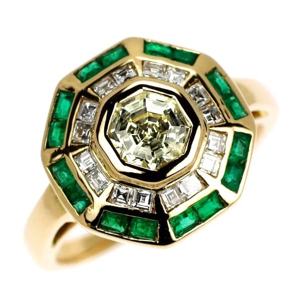 K18YG OCTAGONAL CUT DIAMOND EMERALD RING: K18YG Octagonal Cut Diamond Emerald Ring Brand: None Type/Style: Ring Material: Metal Purity K18, Metal Gold, Main Stone/Creation Natural Color: None Size: 6 US Accessories: None Accessori