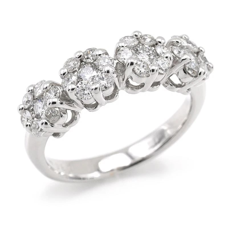 DIAMOND RING 18K WG QUAD FLOWER MOTIF: Diamond Ring 18K WG Quad Flower Motif Brand: Unbranded Type/Style: Ring Material: K18WG, Main Stone/Creation Natural Color: Silver Size: 6US Accessories: None Accessories Notice: When