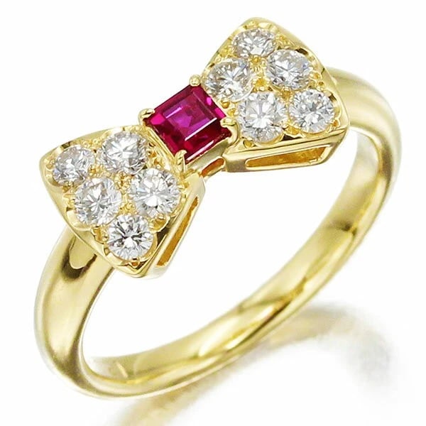18K YG RIBBON MOTIF RUBY DIAMOND RING: 18K YG Ribbon Motif Ruby Diamond Ring Brand: Unbranded Type/Style: Ring Material: K18YG, Main Stone/Creation Ruby Color: Gold Size: 5.5 US Accessories: None Accessories Notice: When