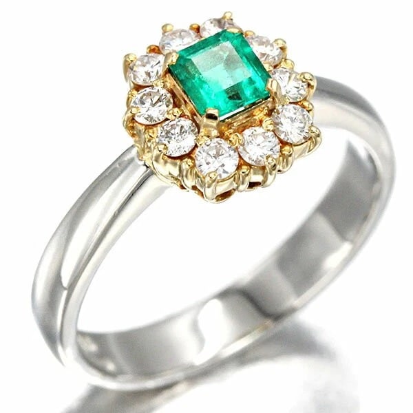 PLATINUM/18K YG EMERALD DIAMOND RING: Platinum/18K YG Emerald Diamond Ring Brand: Unbranded Type/Style: Ring Material: K18YG, Main Stone/Creation Emerald Color: Silver Size: 6 US Accessories: None Accessories Notice: When purc