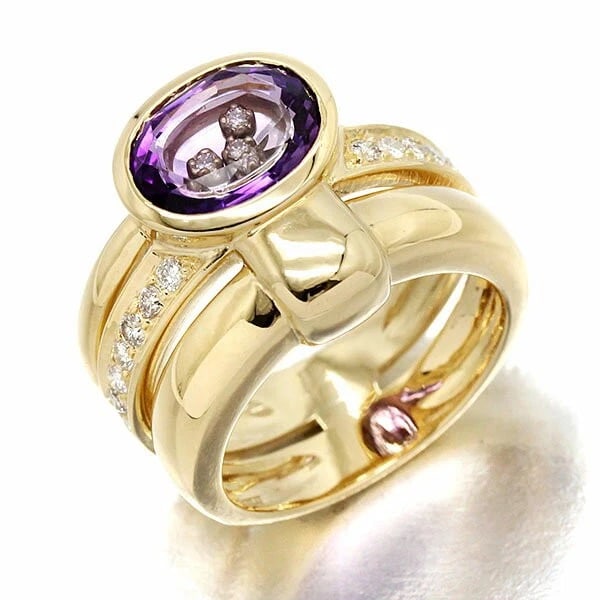 18K YG AMETHYST 3P DIAMOND MOVING RING: 18K YG Amethyst 3P Diamond Moving Ring Brand: Unbranded Type/Style: Ring Material: K18YG, Main Stone/Creation natural Color: Gold Size: 5.25 US Accessories: None Accessories Notice: When
