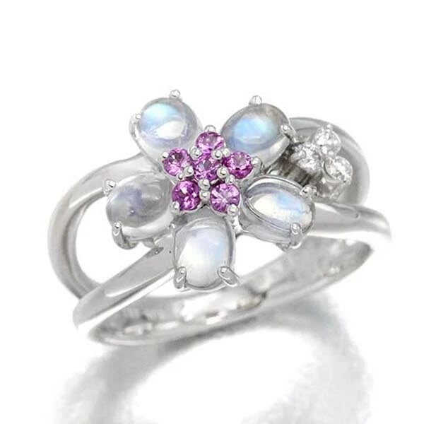 MASUMI KASAHARA 18K WG MOONSTONE PINK SAPPHIRE DIAMOND RING: Masumi Kasahara 18K WG Moonstone Pink Sapphire Diamond Ring Brand: Masumi Kasahara Type/Style: Ring Material: K18WG, Main Stone/Creation Moonstone Color: Gold Size: 7.25 US Accessories: None