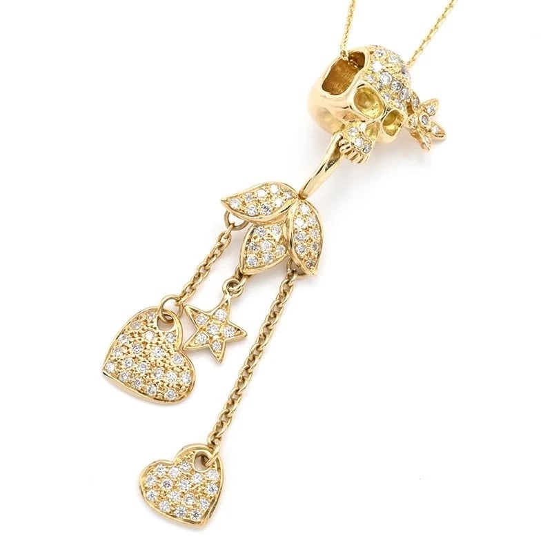 NATURAL DIAMOND CHANDELIER SKULL NECKLACE: Natural Diamond Chandelier Skull Necklace Brand: Unbranded Type/Style: Necklace Material: K18YG, Main Stone/Creation Natural Color: Gold Size: Effective length 45cm (free adjuster) Chain width