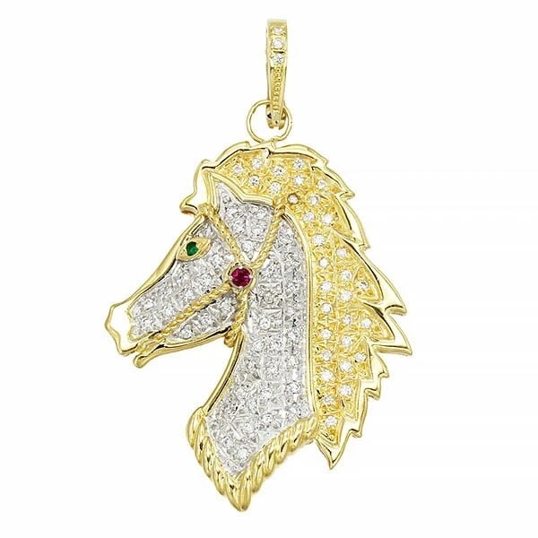 HORSE PENDANT TOP: EMERALD DIAMOND RUBY PLATINUM: Horse Pendant Top: Emerald Diamond Ruby Platinum Brand: Unbranded Type/Style: Pendant Material: K18YG, Main Stone/Creation natural Color: Gold Size: Total length (including bail): Approx. 56mm