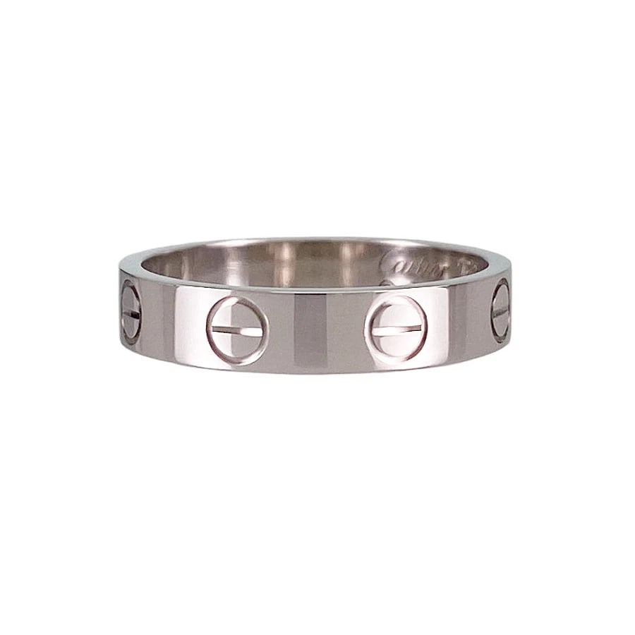 CARTIER MINI LOVE WHITE GOLD RING: Cartier Mini Love White gold Ring Brand: Cartier Type/Style: Ring Material: 18K White Gold, Color: Silver Size: US:5 Accessories: None Accessories Notice: When purchasing pre-owned goods,