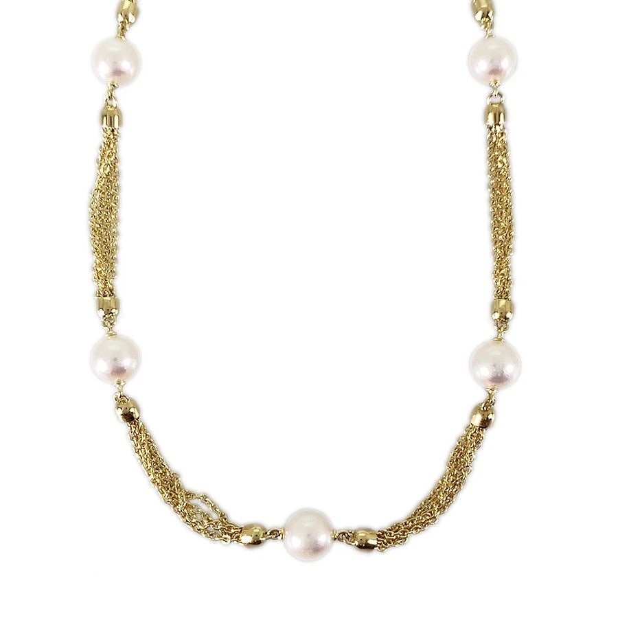 MIKIMOTO STATION YELLOW GOLD PEARL NECKLACE: MIKIMOTO station Yellow gold Pearl Necklace Brand: MIKIMOTO Type/Style: Necklace Material: 18K Yellow Gold, Main Stone/Creation Pearl Color: Gold Size: Pearl size:5.1mm??6.2mm Necklace full