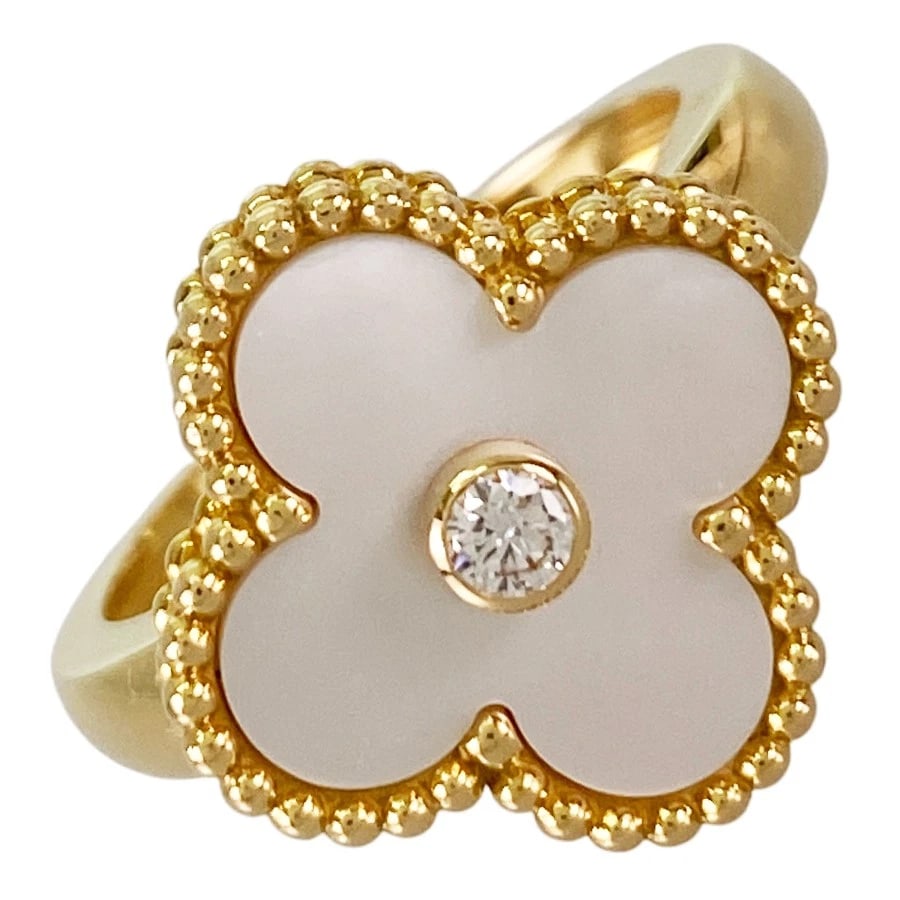 VAN CLEEF & ARPELS VINTAGE ALHAMBRA YELLOW GOLD SHELL DIAMOND RING (1 of 4)