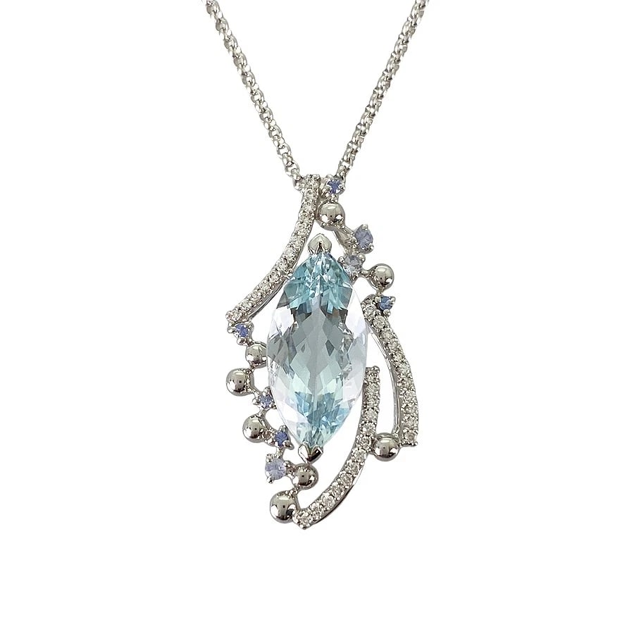NECKLACE WHITE GOLD AQUAMARINE TANZANITE DIAMOND (1 of 4)