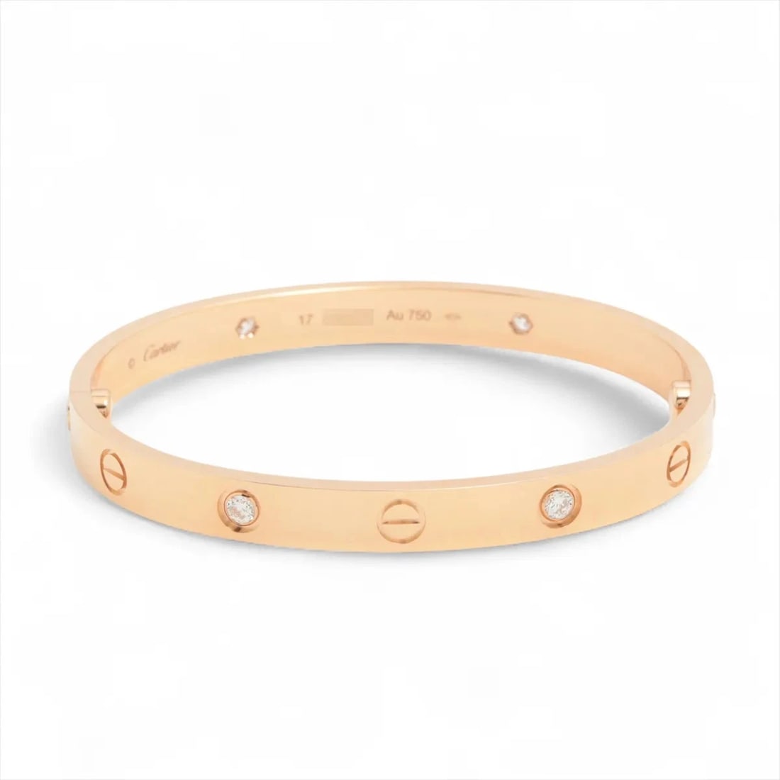 CARTIER LOVE HALF DIAMOND BRACELET 750(PG): Cartier Love half diamond Bracelet 750(PG) Brand: Cartier Type/Style: Bracelet Material: 750(PG), Main Stone/Creation Natural Color: PG Size: Size(CM) Bracelet length:16.1 Accessories: None