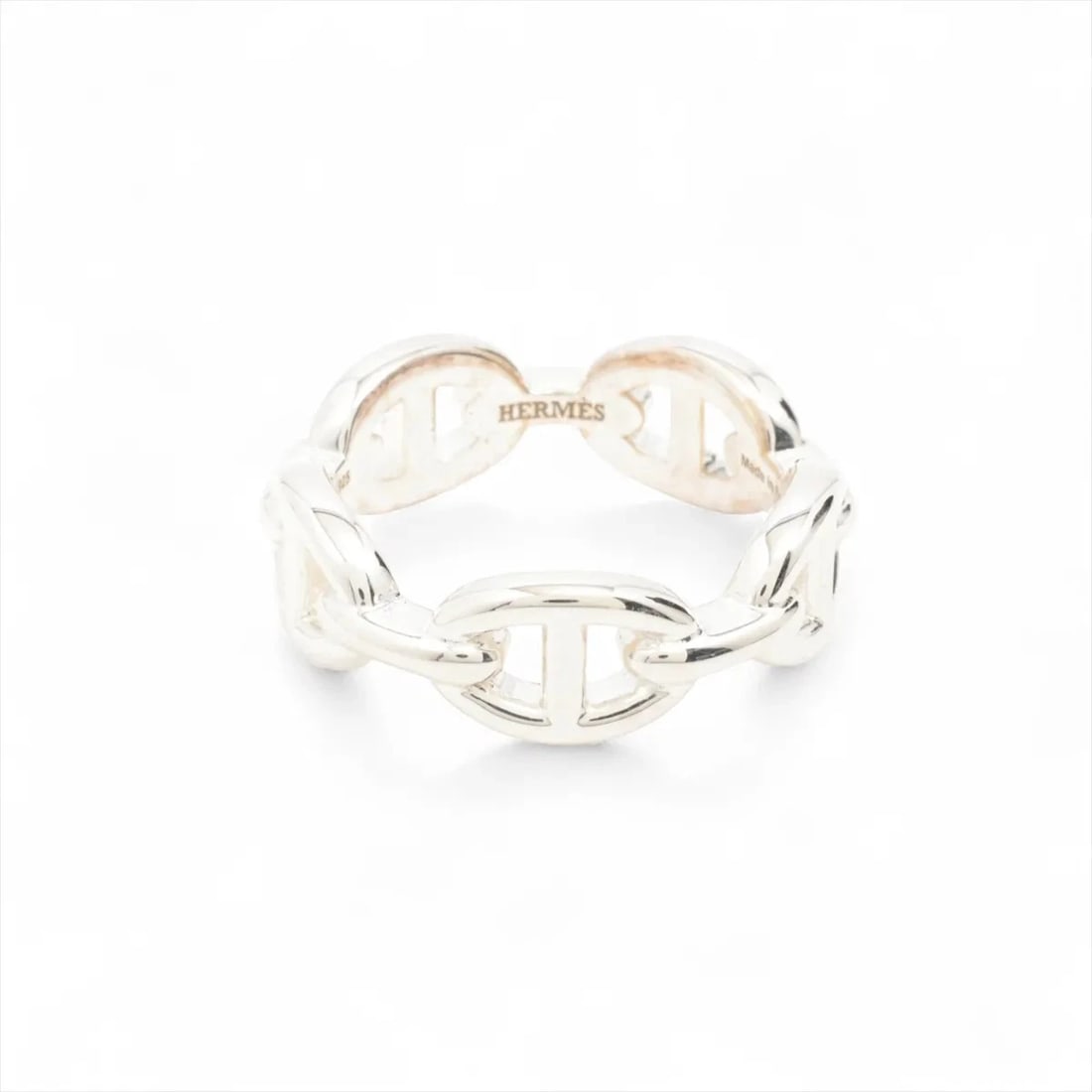 HERMES CHAINE D'ANCRE ENCHAINEE RING: Hermes Chaine d'Ancre Enchainee Ring Brand: Hermes Type/Style: Ring Material: 925, Color: Silver Size: 7.25 US Accessories: None Accessories Notice: When purchasing pre-owned goods, please