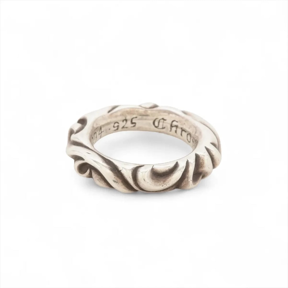 CHROME HEARTS SCROLL BAND RING: Chrome Hearts Scroll band Ring Brand: Chrome Hearts Type/Style: Ring Material: 925, Color: Not Specified Size: 3.75 US Accessories: None Accessories Notice: When purchasing pre-owned goods,