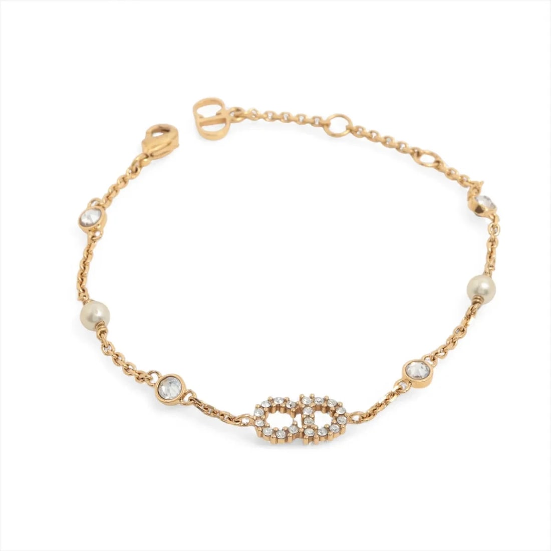 DIOR CLAIR D LUNE CLERC DEE LUNE BRACELET GP: Dior Clair D Lune Clerc Dee Lune Bracelet GP Brand: Dior Type/Style: Bracelet Material: GP x rhinestone x imitation pearl, Color: Gold Size: Bracelet length:15.5 Accessories: None Accessories