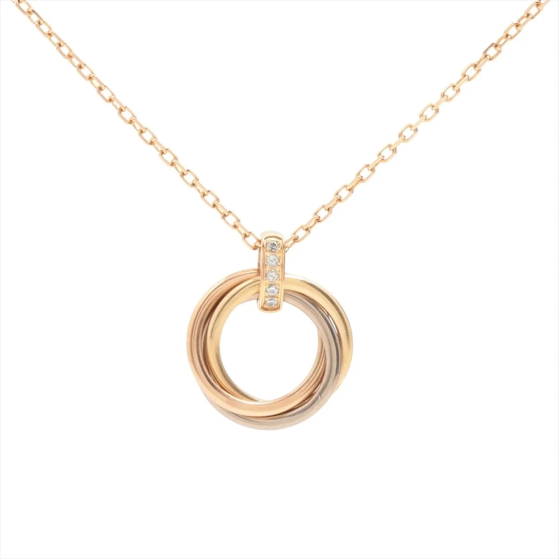 CARTIER TRINITY DIAMOND NECKLACE 750: Cartier Trinity diamond Necklace 750 Brand: Cartier Type/Style: Necklace Material: 750(YG×PG×WG), Main Stone/Creation Natural Color: YG×PG×WG Size: Size(CM) Chain length:43.5 Accessories: