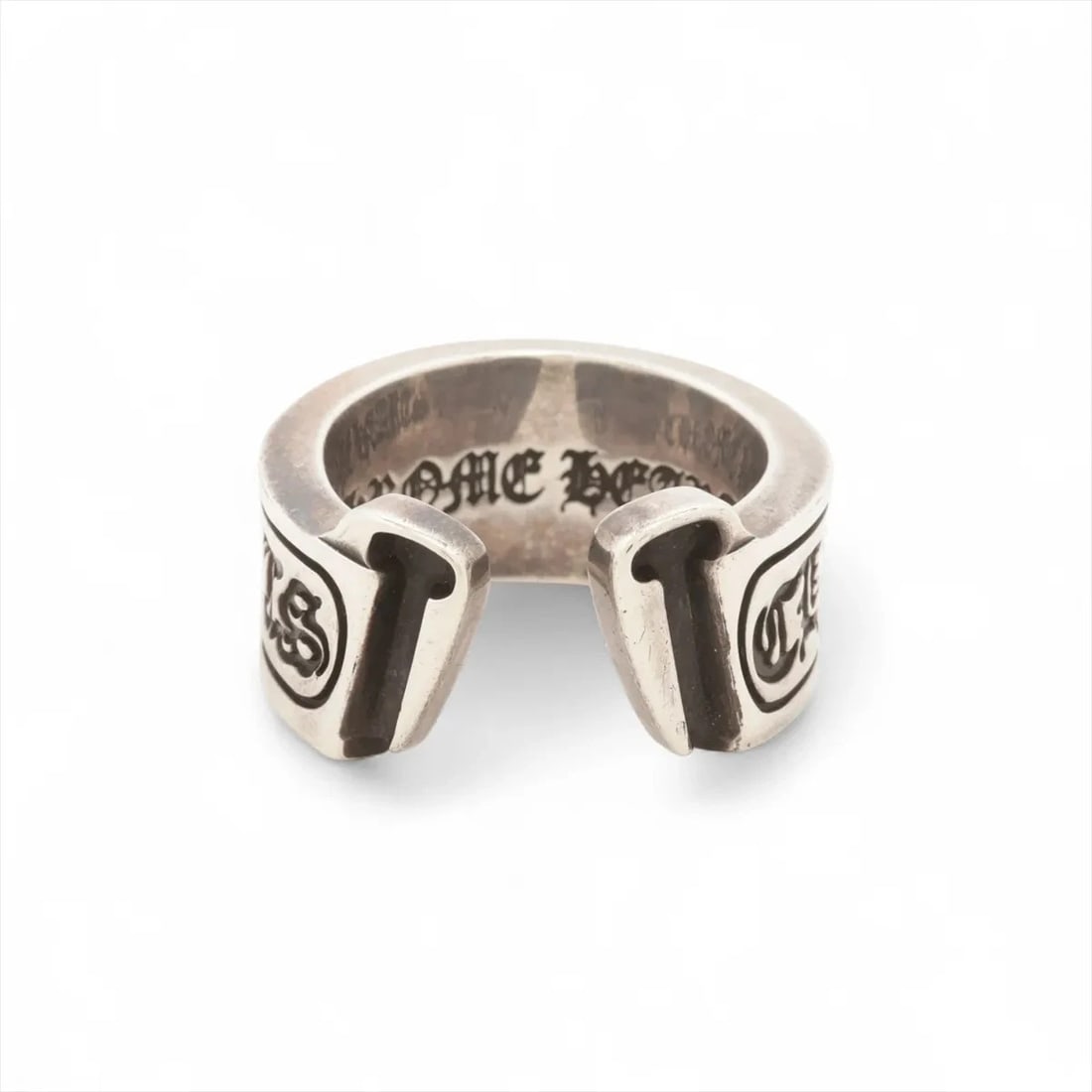CHROME HEARTS LARGE SCROLL LABEL RING: Chrome Hearts large scroll label Ring Brand: Chrome Hearts Type/Style: Ring Material: 925, Color: Not Specified Size: 8.25 - 8.5 US Accessories: None Accessories Notice: When purchasing pr