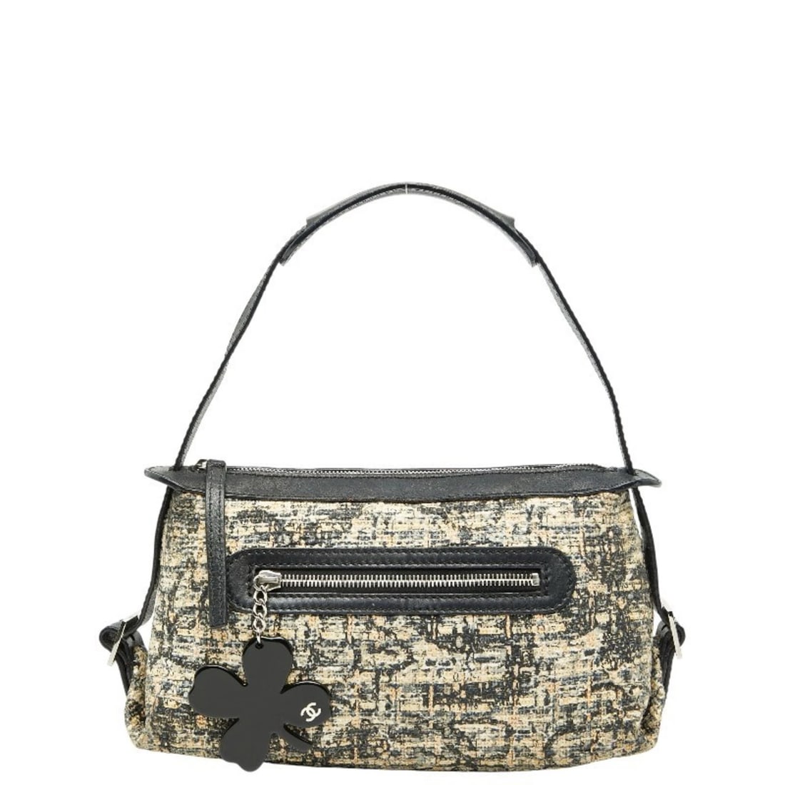 CHANEL ICON PRINT CLOVER ONE-SHOULDER BAG HANDBAG: CHANEL Icon Print Clover One-Shoulder Bag Handbag Brand: Chanel Type/Style: Handbag, Shoulder bag Material: Tweed , Leather Color: Beige, Black Size: Size (HxWxD) 16cm x 25cm x 11cm / 6.29'' x 9.8