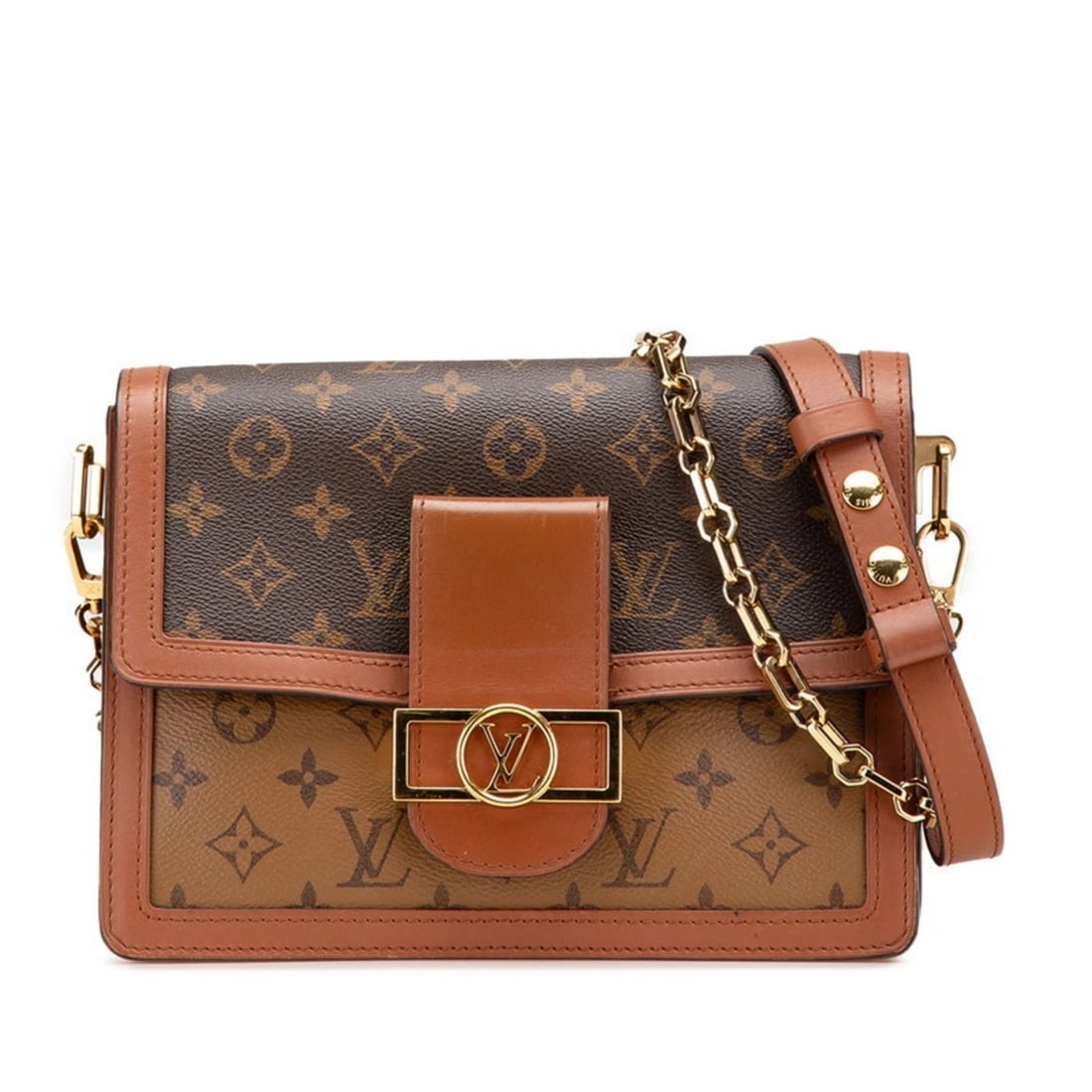 LOUIS VUITTON MONOGRAM REVERSE DAUPHINE MM SHOULDER BAG: Louis Vuitton Monogram Reverse Dauphine MM Shoulder Bag Brand: Louis Vuitton Type/Style: Handbag, Shoulder bag Material: PVC , Leather Color: Brown Size: Size (HxWxD) 18.5cm x 24.5cm x 8cm / 7.28'