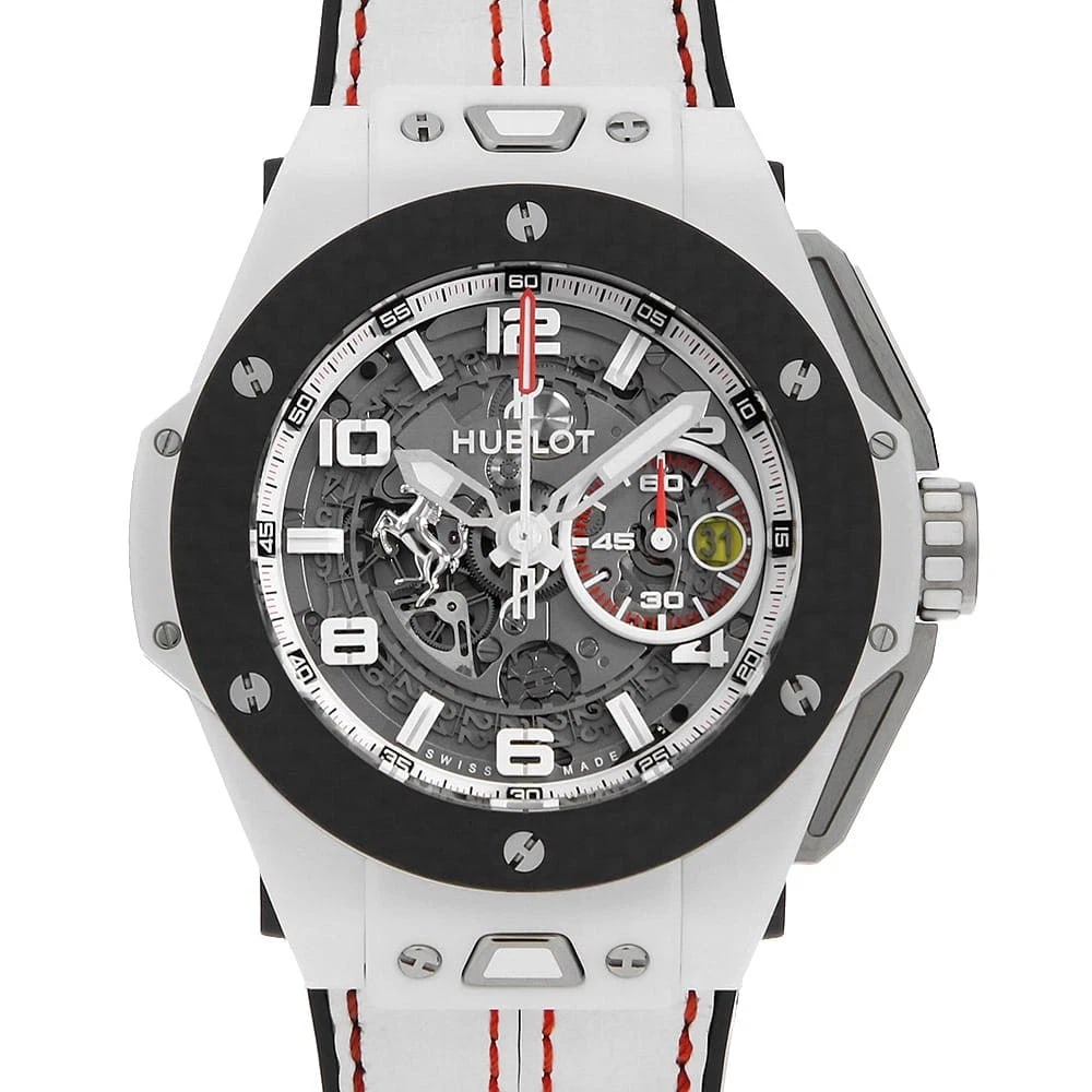 HUBLOT BIG BANG FERRARI WHITE CERAMIC CARBON WRIST WATCH: HUBLOT Big Bang Ferrari White Ceramic Carbon Wrist Watch Brand: HUBLOT Type: Wrist watch Material: Band Material Calfskin, Case Material Ceramic Color: Skeleton Size: Case:W45mm Accessories: None