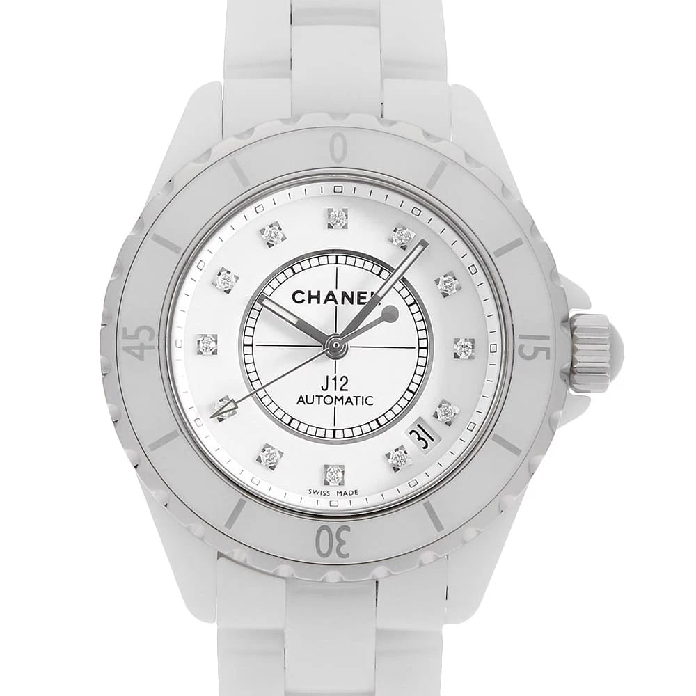 CHANEL J12 WHITE CERAMIC DIAMOND SECOND HAND WRIST WATCH: CHANEL J12 White Ceramic Diamond second hand Wrist Watch Brand: CHANEL Type: Wrist watch Material: Band Material Ceramic, Case Material Ceramic Color: White Size: Case:W38mm Circumference of Wrist